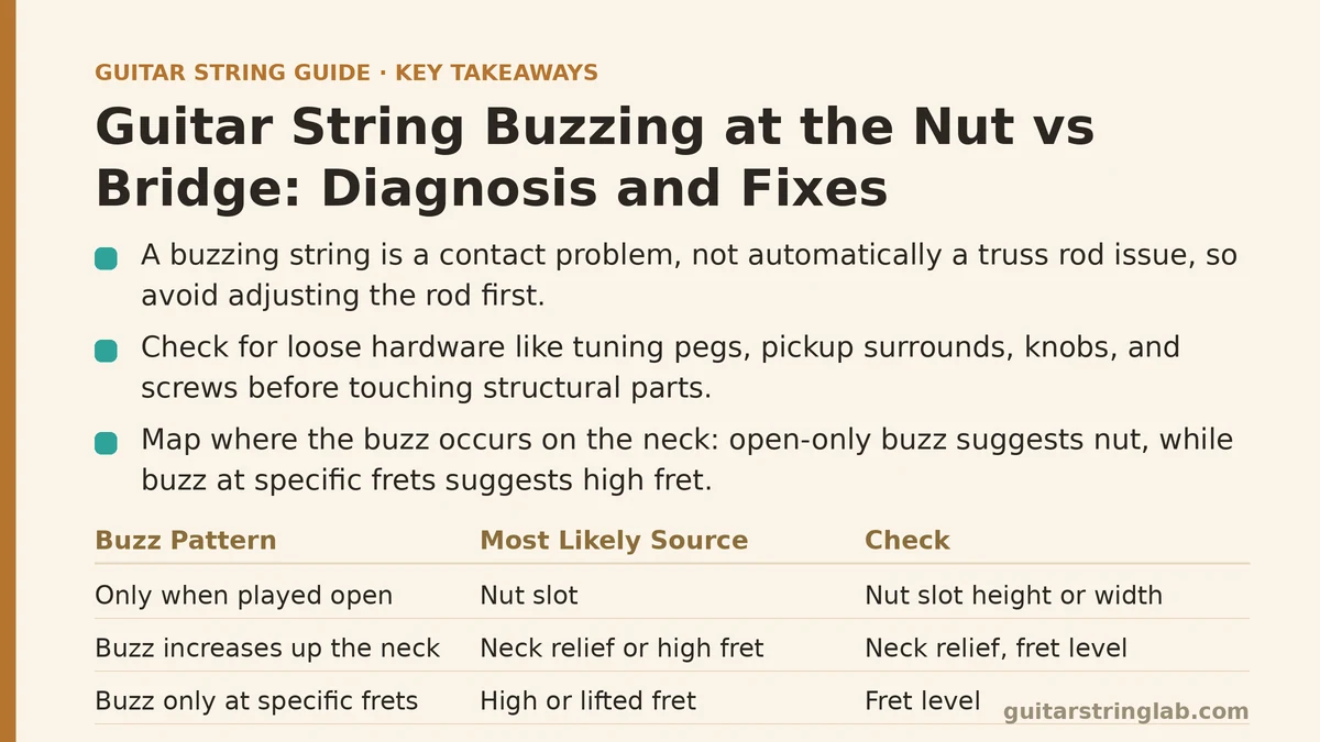 Guitar String Buzzing at the Nut vs Bridge: Diagnosis and Fixes